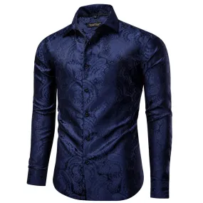 YourTies Men's Dark Blue Paisley Silk Long Sleeve Button Down Shirt