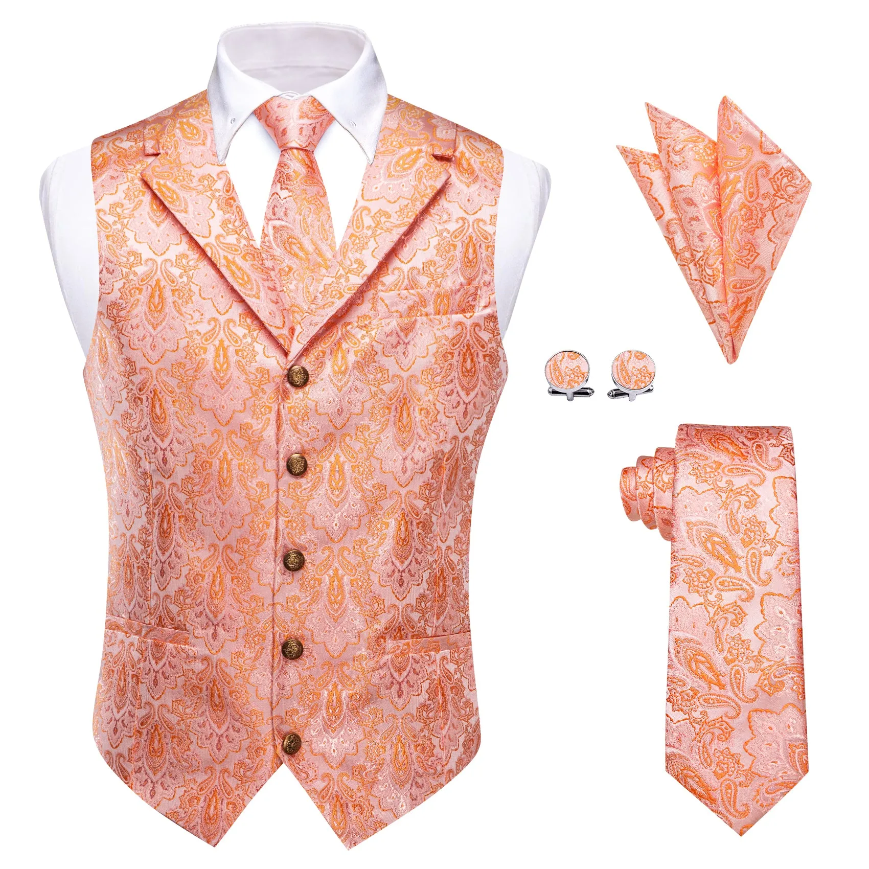 YourTies Pink Orange Pasiley Silk Men's Vest Necktie Handkerchief Cufflinks Set