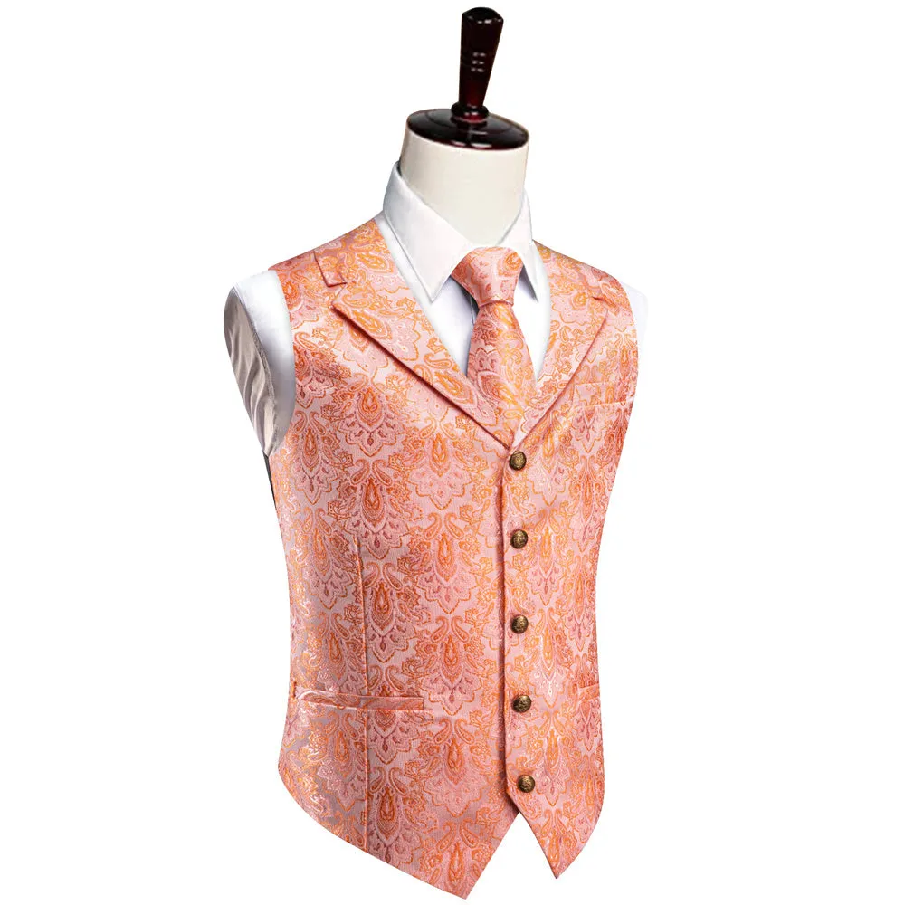 YourTies Pink Orange Pasiley Silk Men's Vest Necktie Handkerchief Cufflinks Set