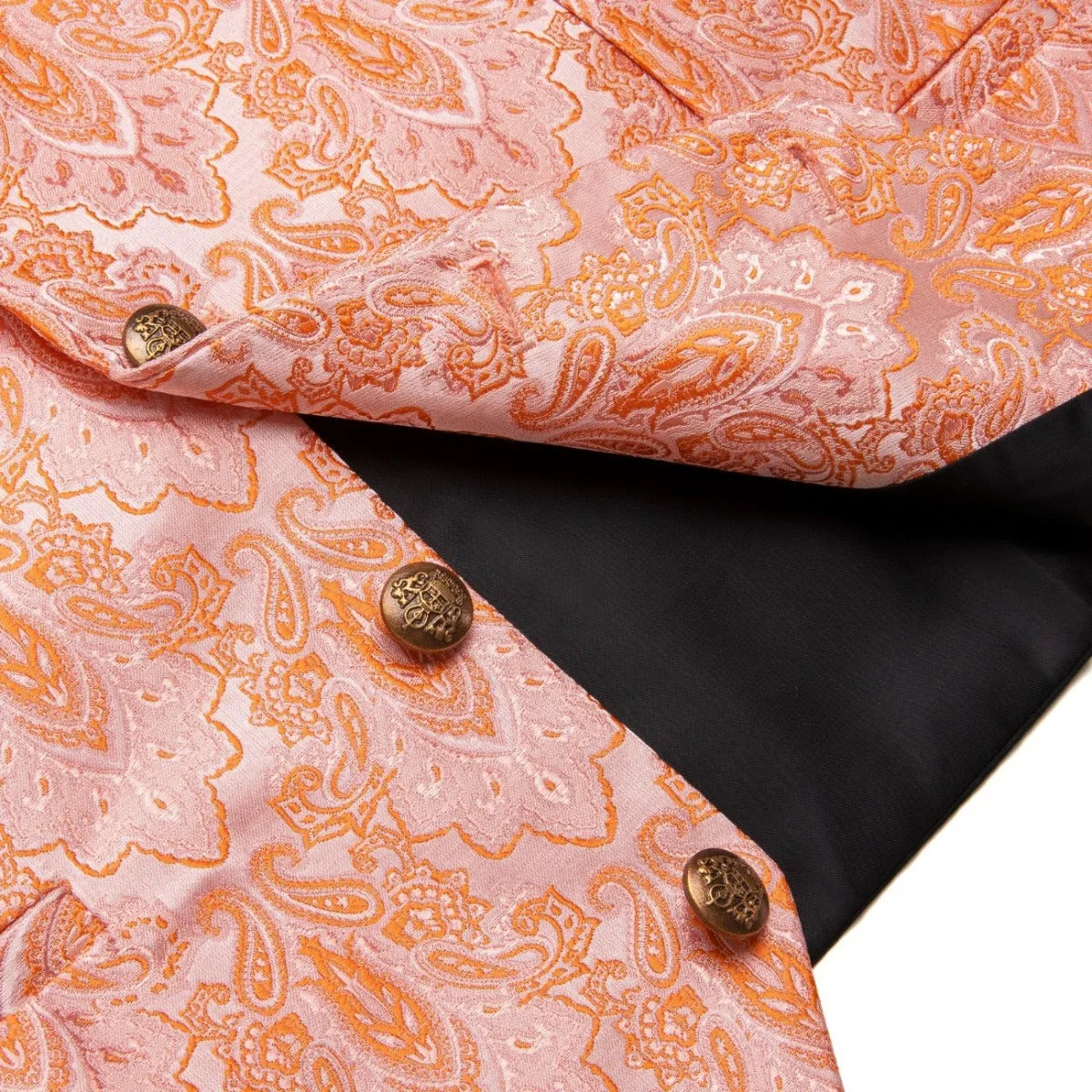 YourTies Pink Orange Pasiley Silk Men's Vest Necktie Handkerchief Cufflinks Set